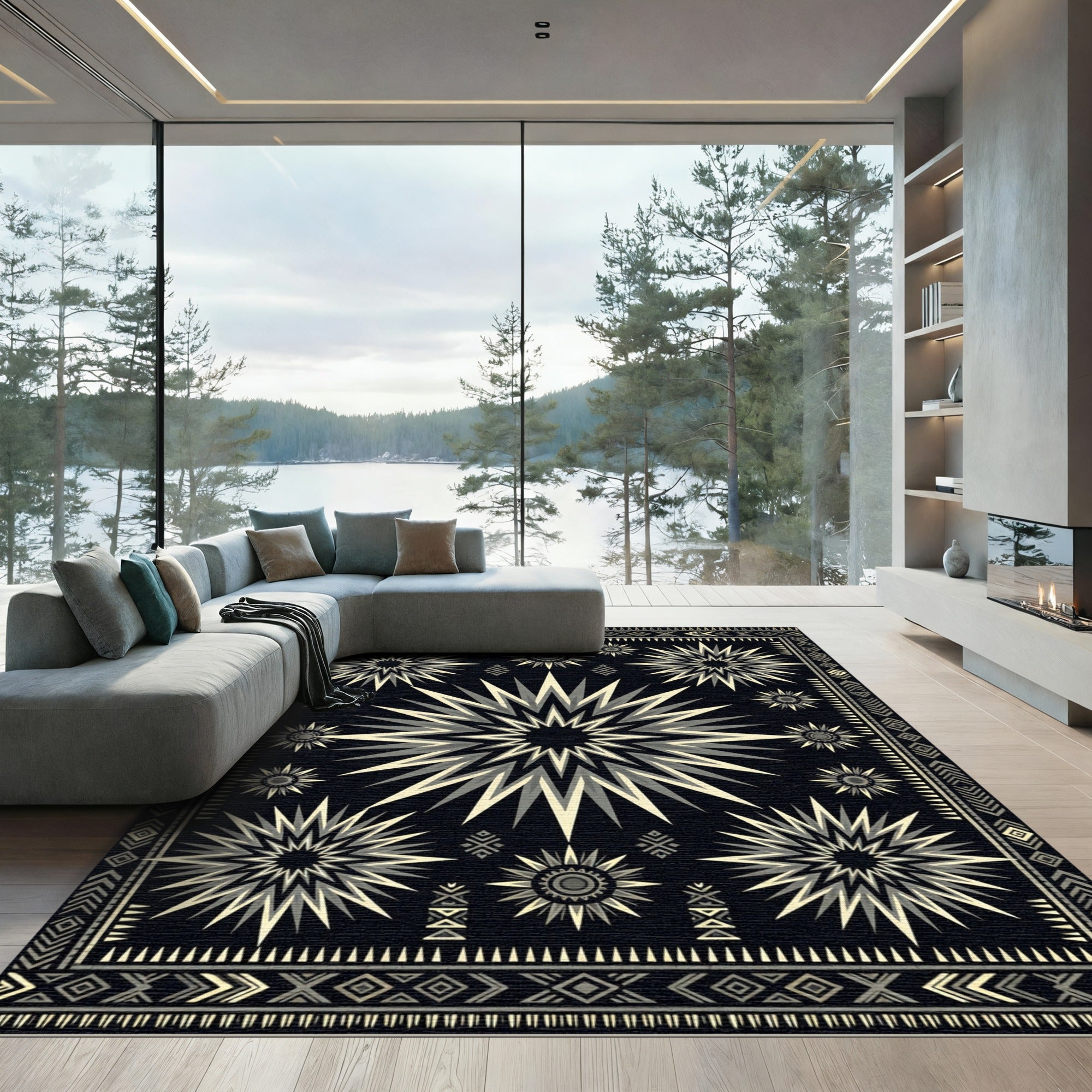 Monochromatic Sunburst Geometric Tribal Rug