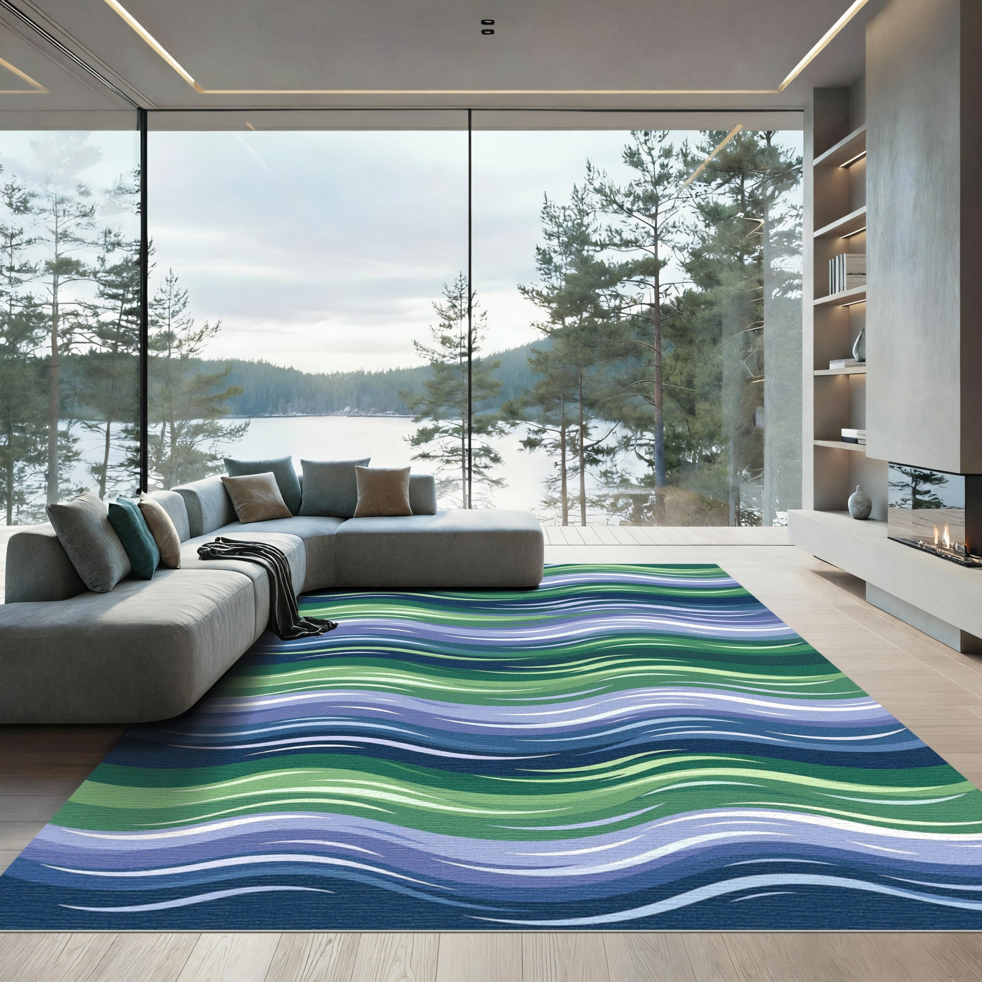 Coastal Teal and Navy Wavy Stripe Rug
