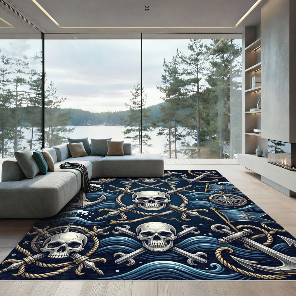 Navy Nautical Skull and Anchor Motif Rug