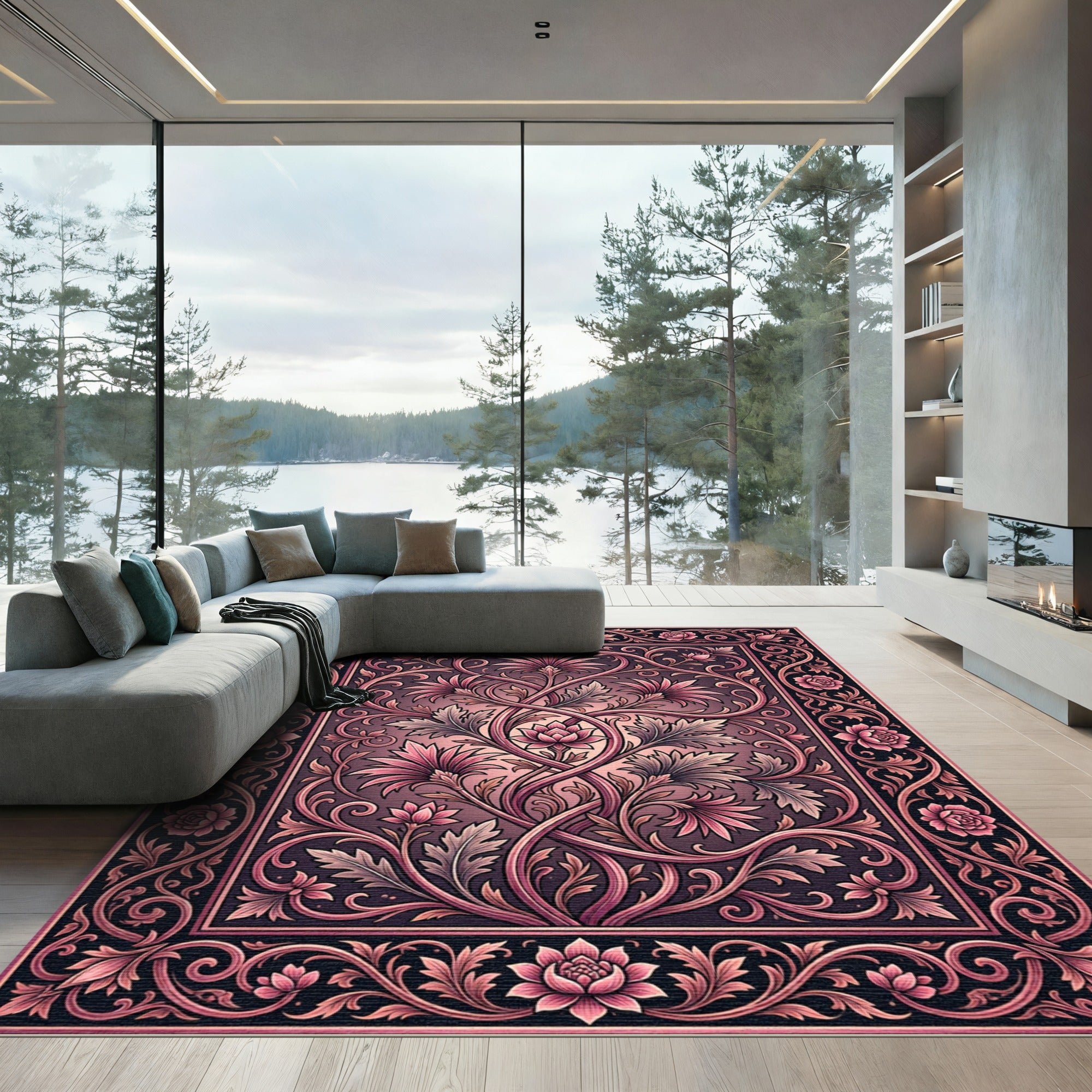 Pink Floral Vines Elegant Composition Rug