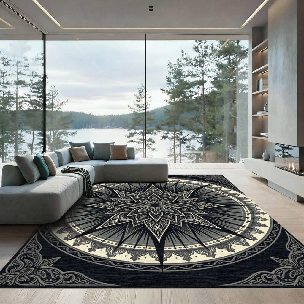 Monochromatic Ornate Star Mandala Medallion Rug