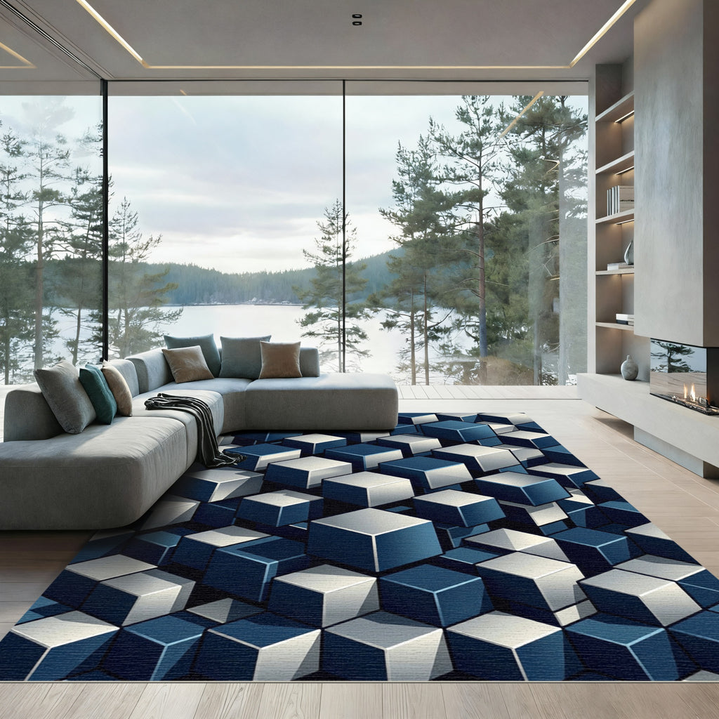 Modern Navy Indigo Isometric Cube Geometric Rug