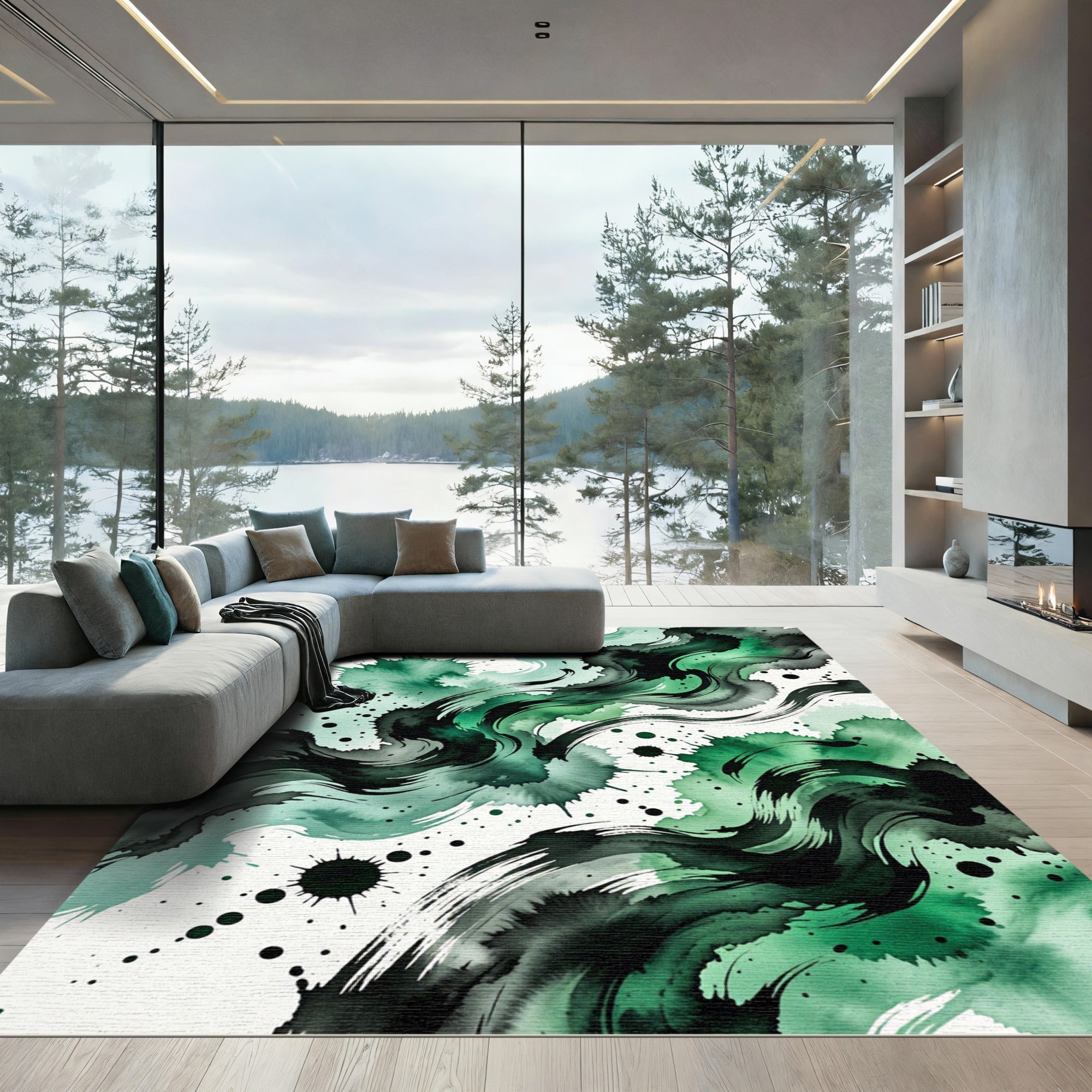 Emerald Swirl Abstract Ink Wash Rug