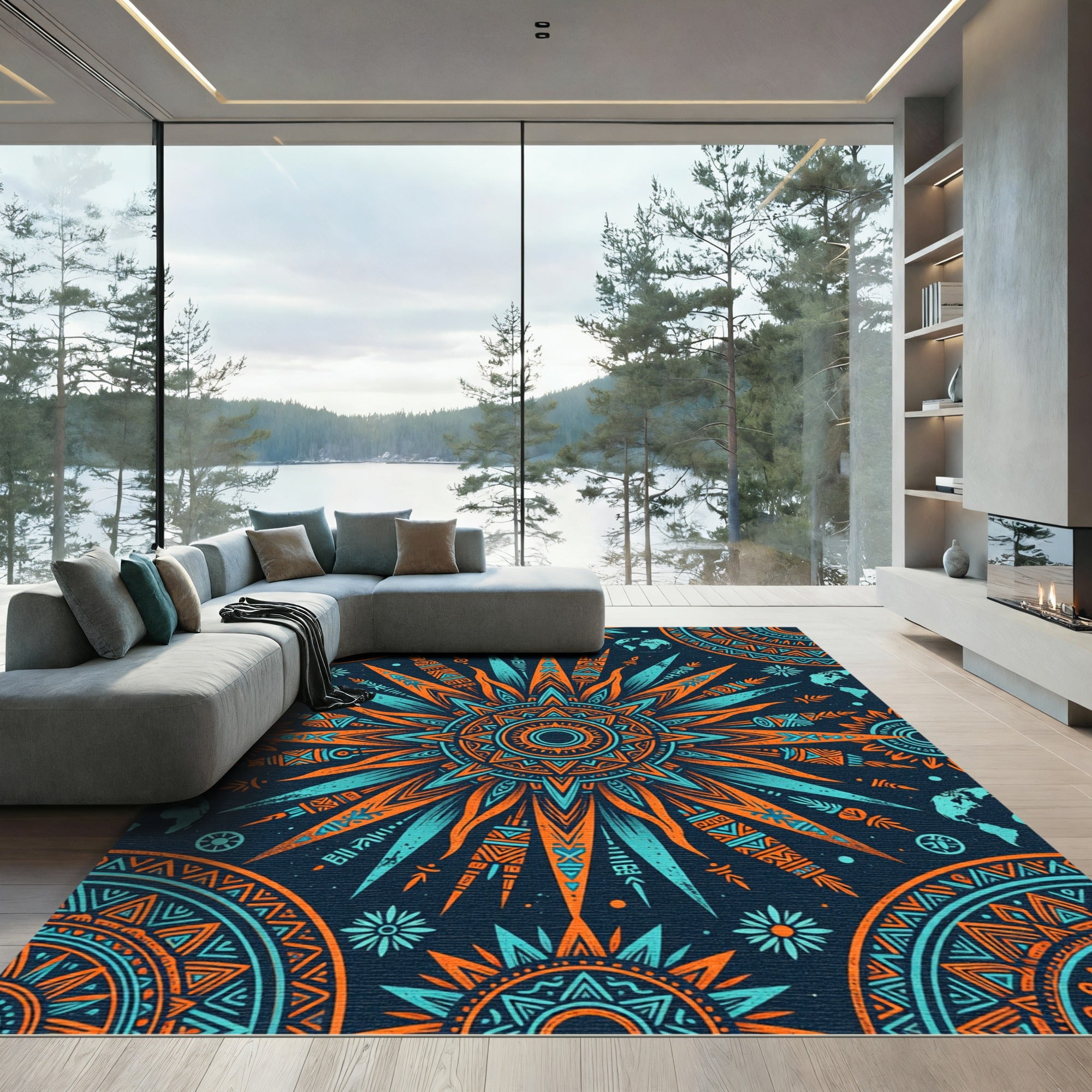 Radiant Orange and Teal Sun Mandala Rug