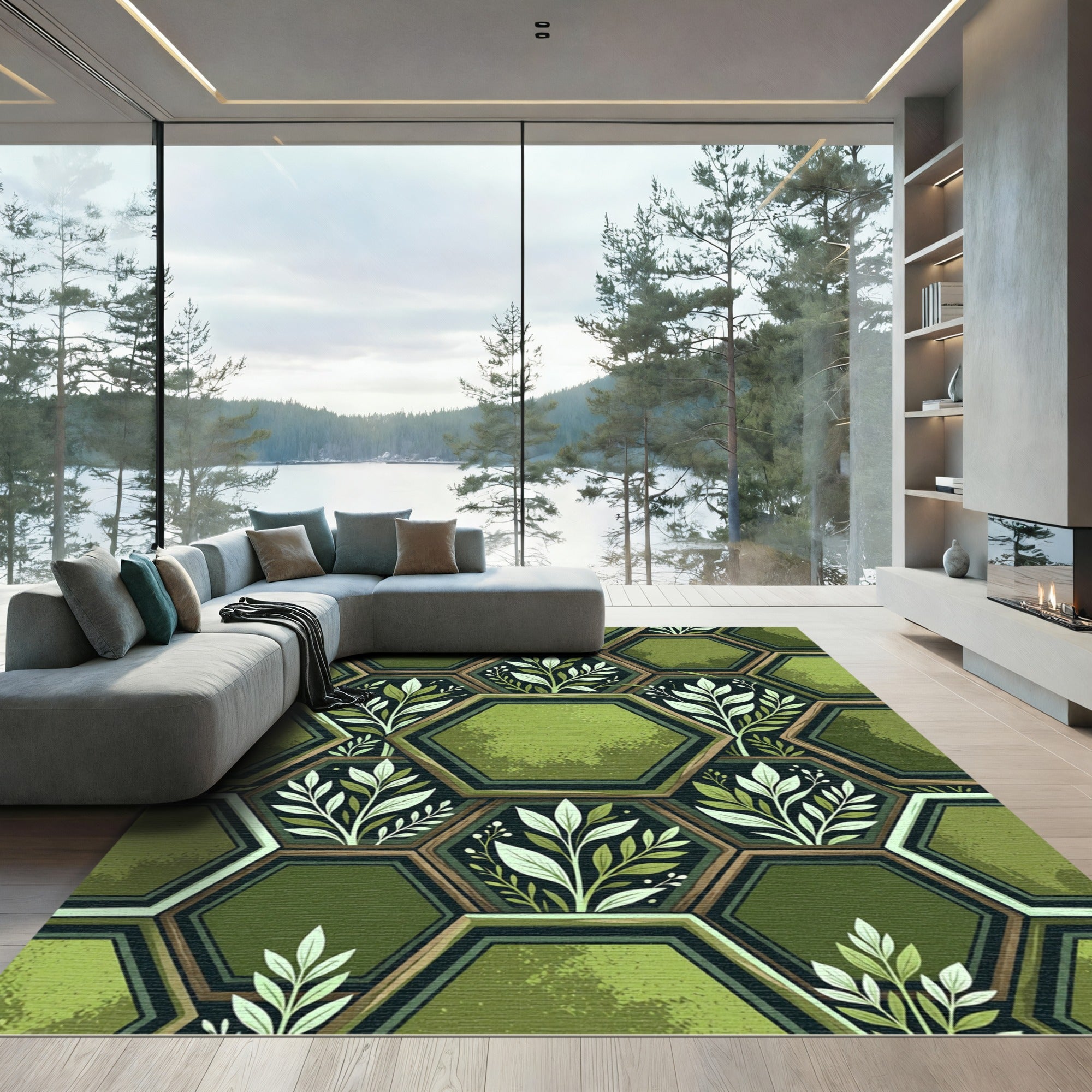 Botanical Sage Hexagon Leaf Trellis Rug