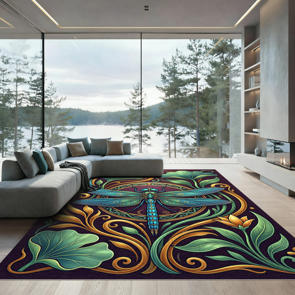 Art Nouveau Dragonfly Teal Gold Floral Rug