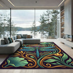 Art Nouveau Dragonfly Teal Gold Floral Rug