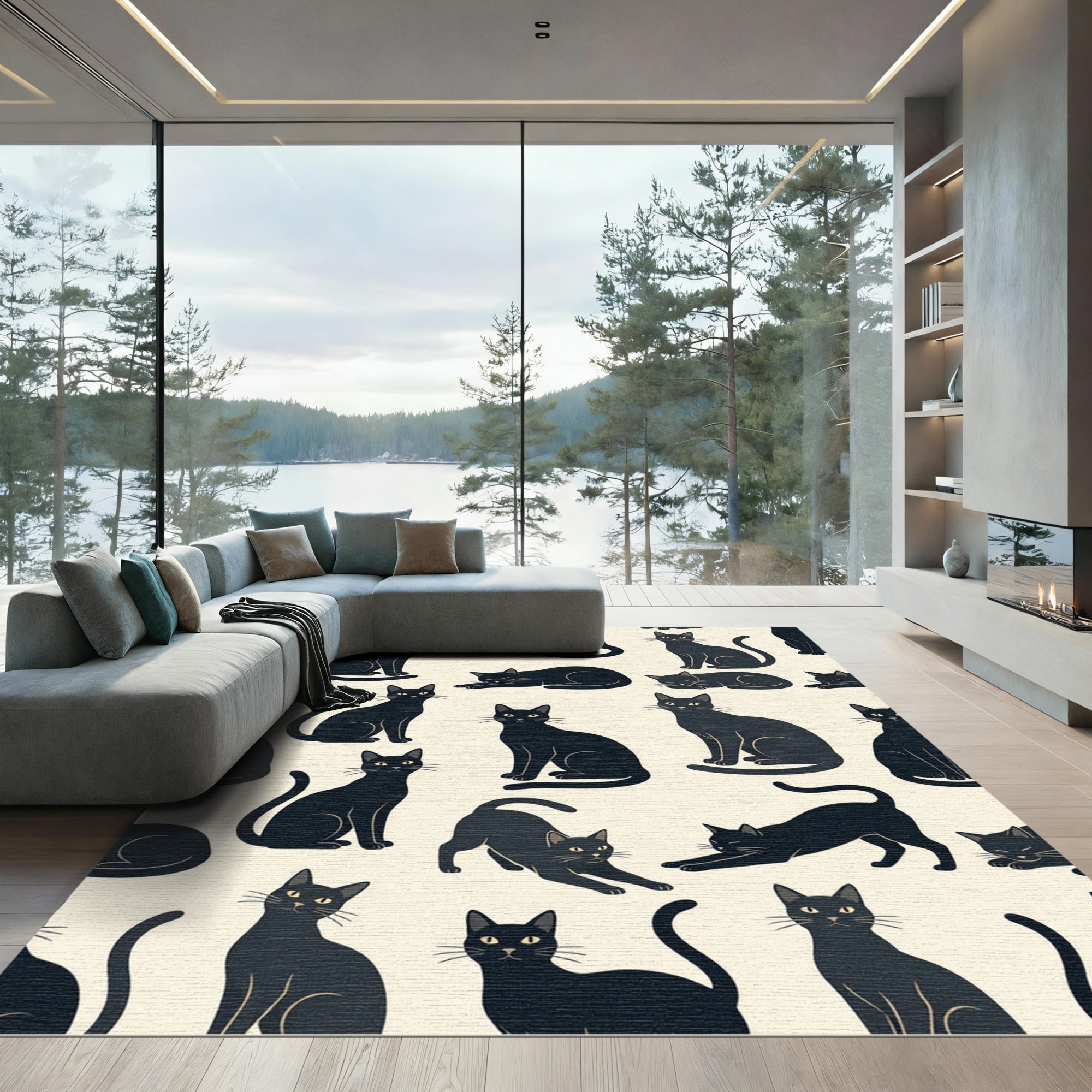 Whimsical Scattered Black Cat Illustration Rug