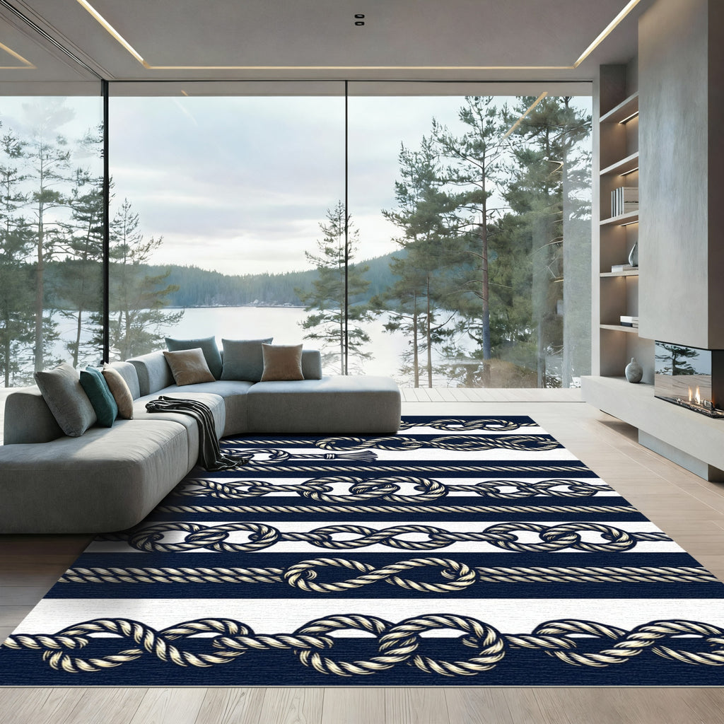 Nautical Navy White Rope Knot Border Rug