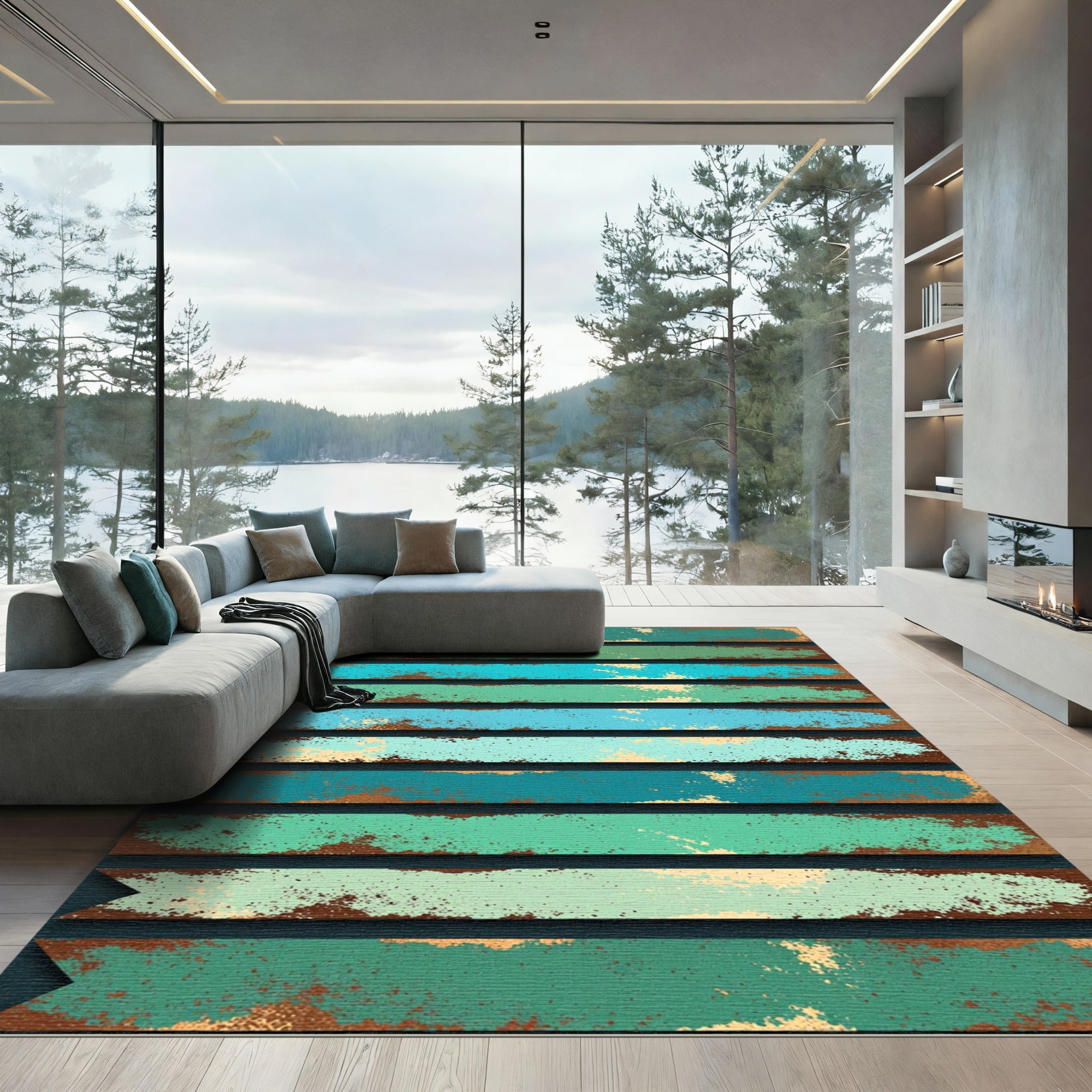 Distressed Teal and Copper Striped Texture Rug