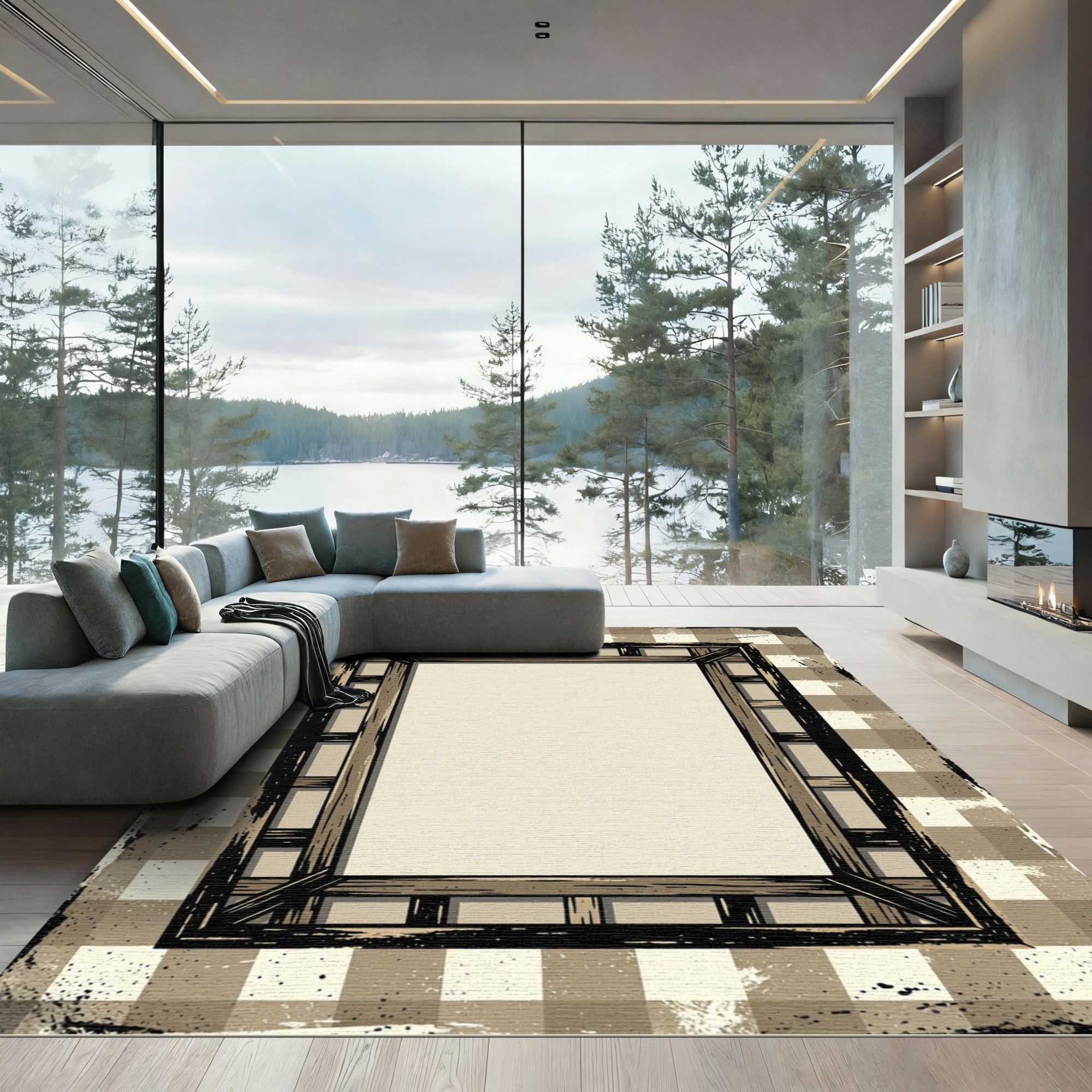 Rustic Beige Plaid Timber Frame Rug