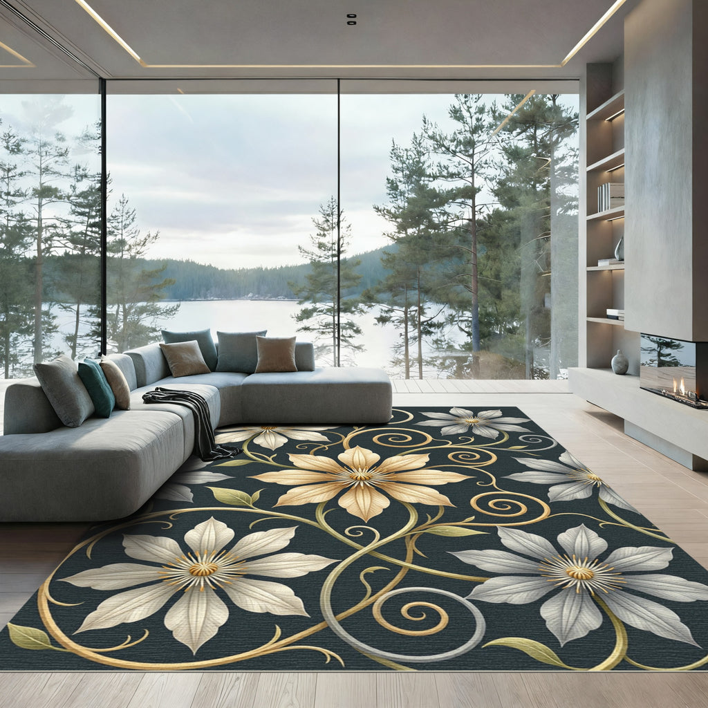 Cream And Gold Floral Vine Rug