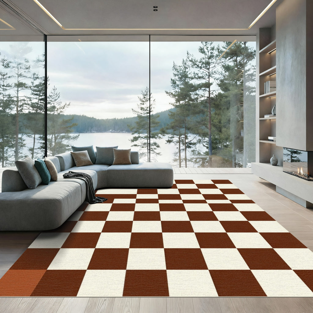 Classic Brown White Checkerboard Squares Rug