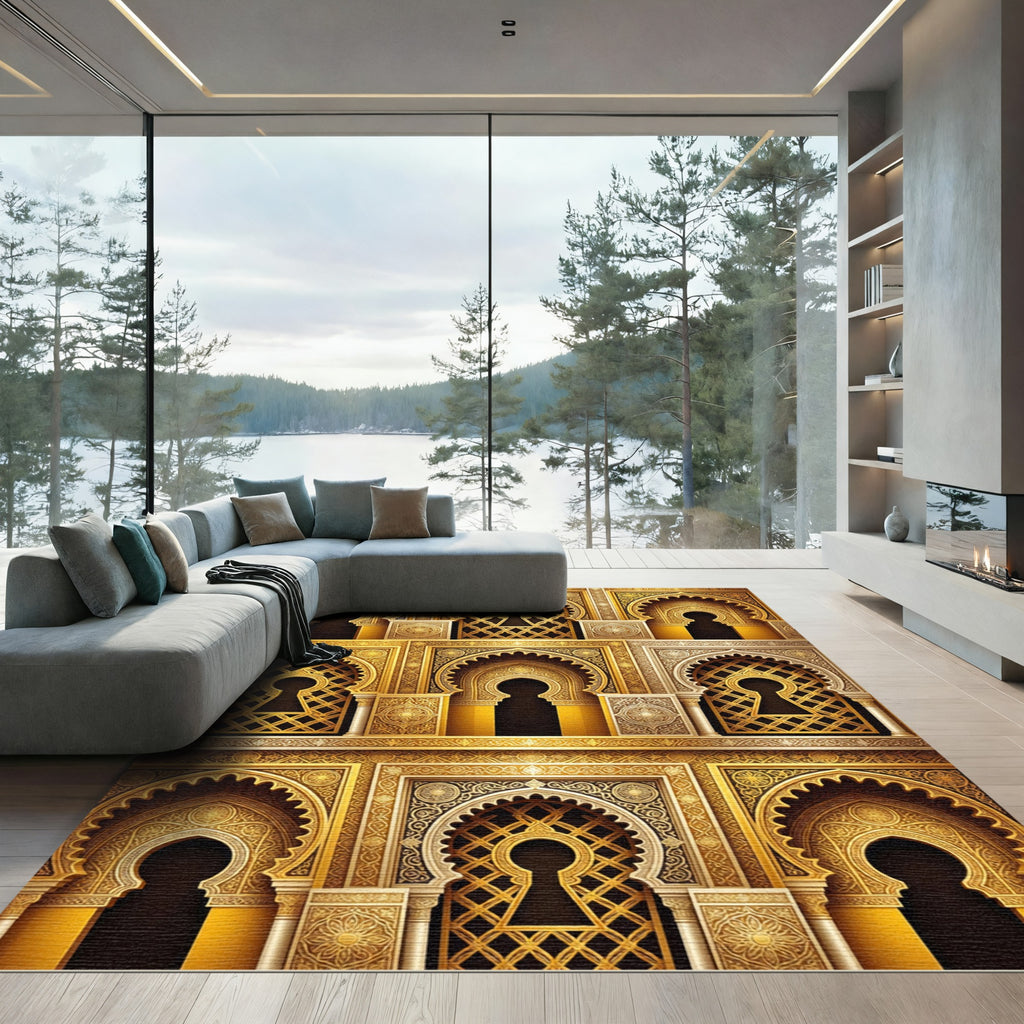 Ornate Golden Arch Lattice Filigree Rug