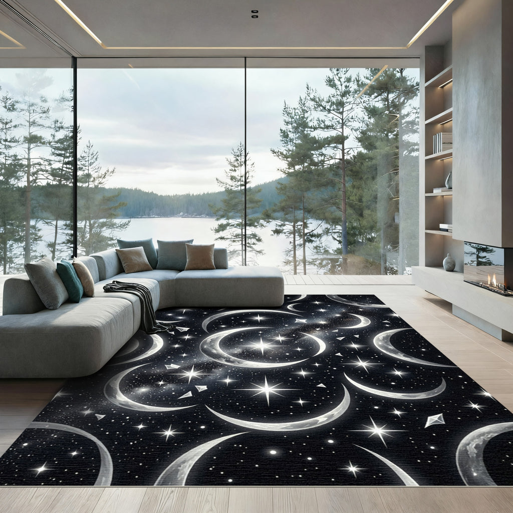 Celestial Crescent Moon And Starry Night Rug