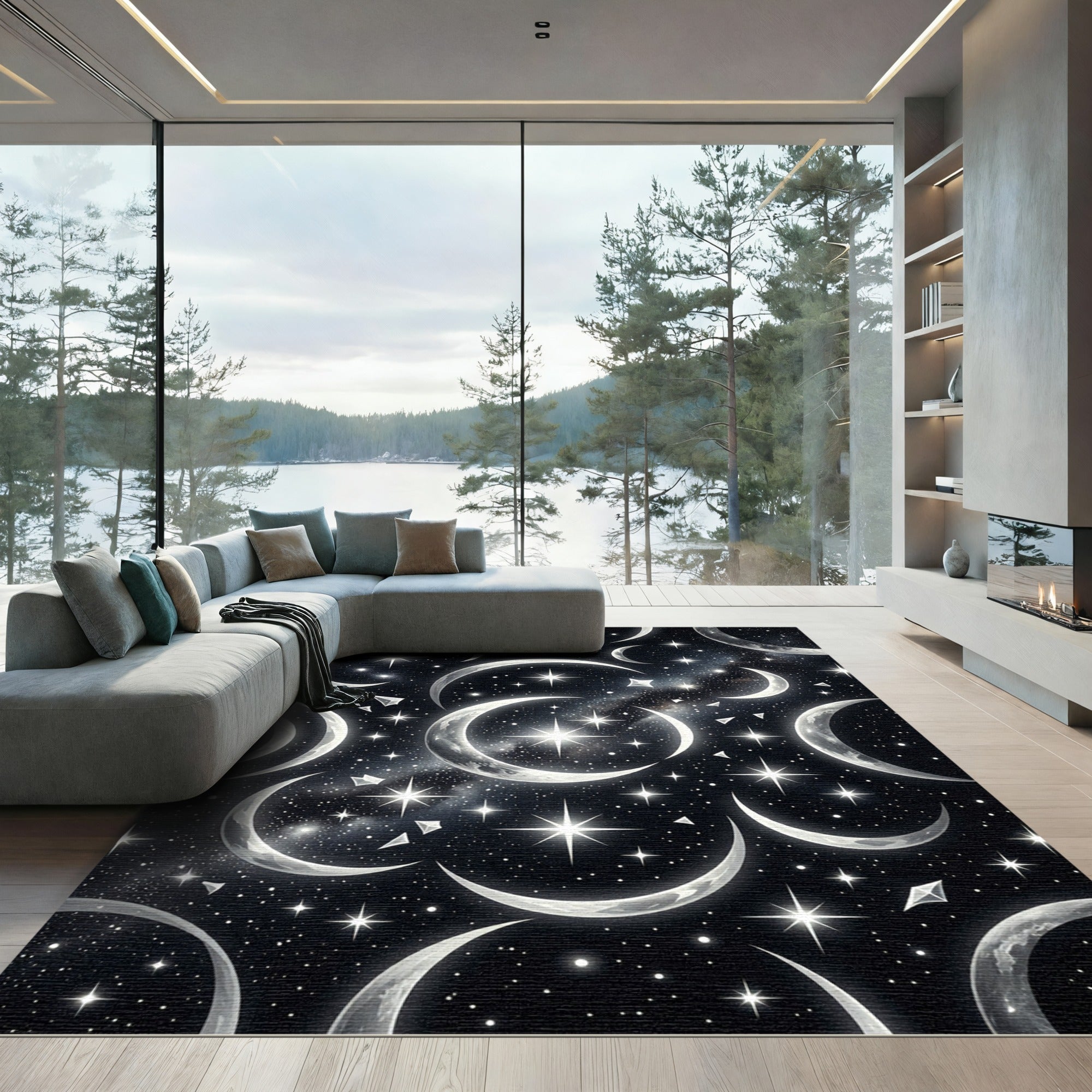 Celestial Crescent Moon And Starry Night Rug