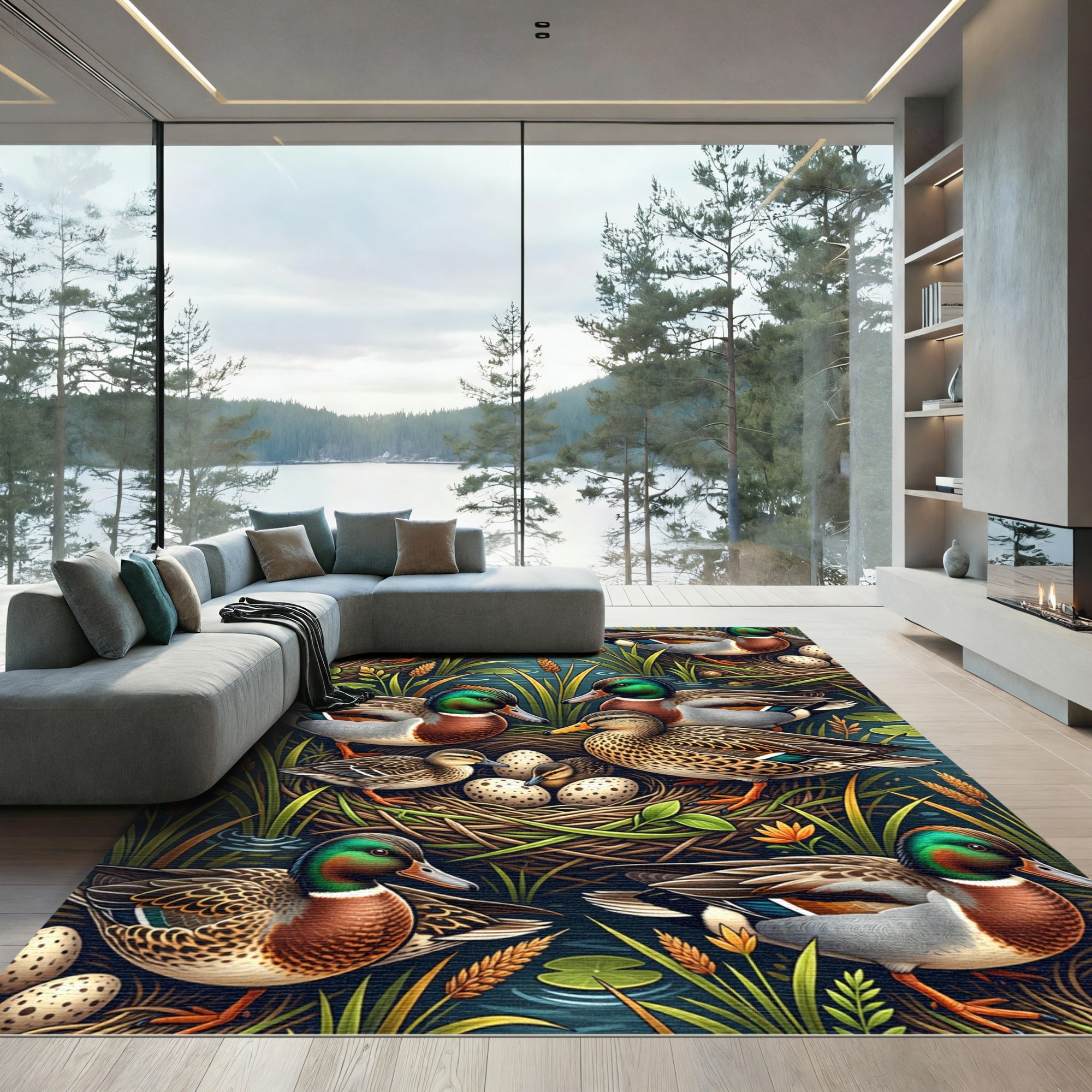Mallard Duck Pond Wildlife Illustration Rug