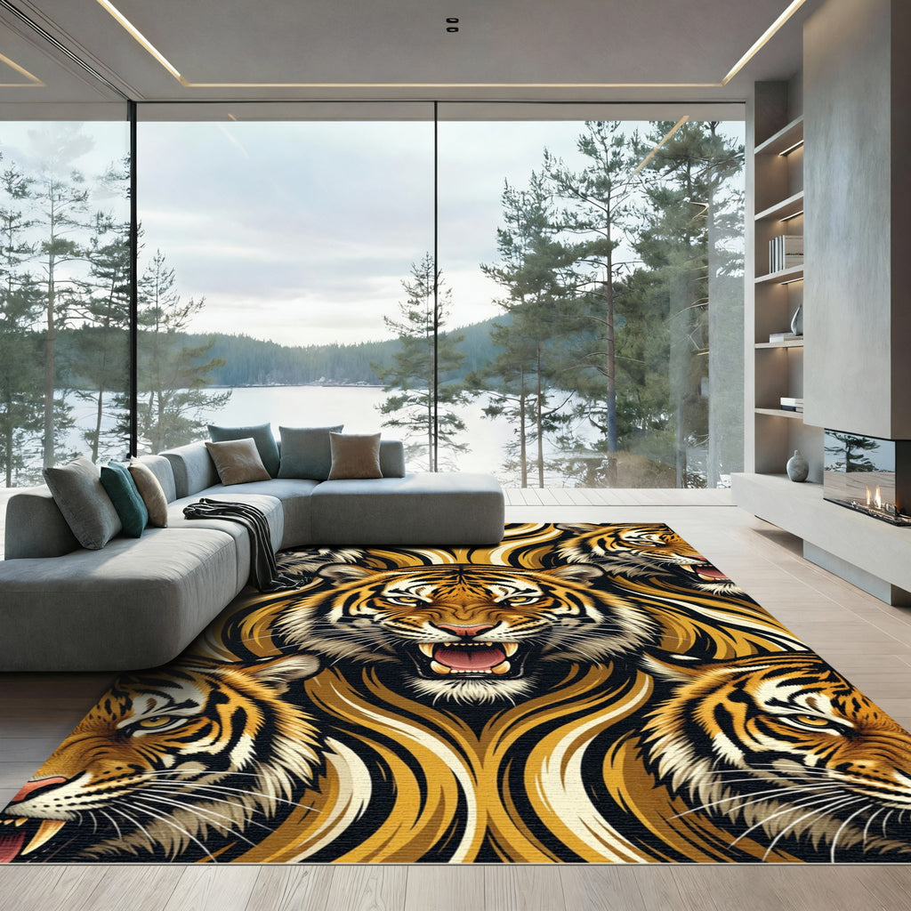 Fierce Tiger Face Golden Swirl Rug
