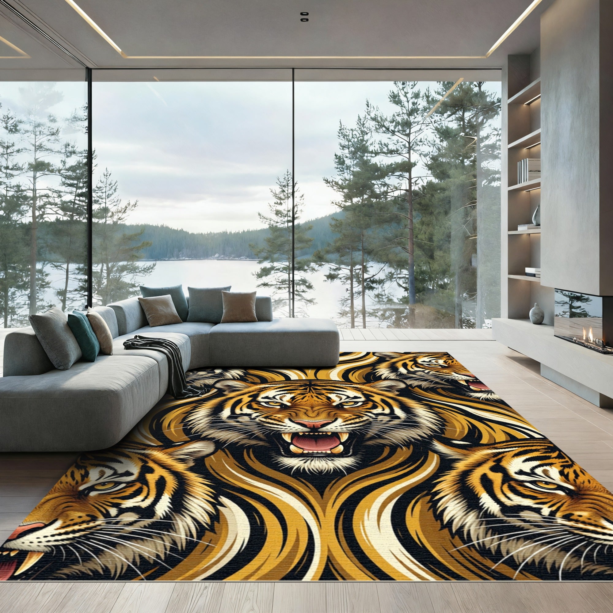 Fierce Tiger Face Golden Swirl Rug