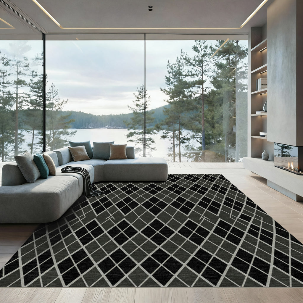Dark Gray Diamond Lattice Pattern Rug