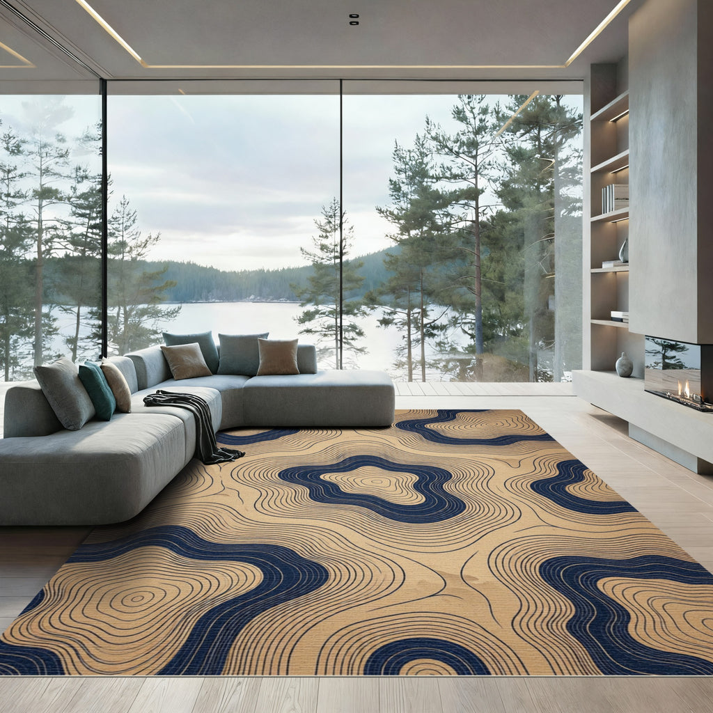 Minimalist Navy Blue Topographic Contour Rug