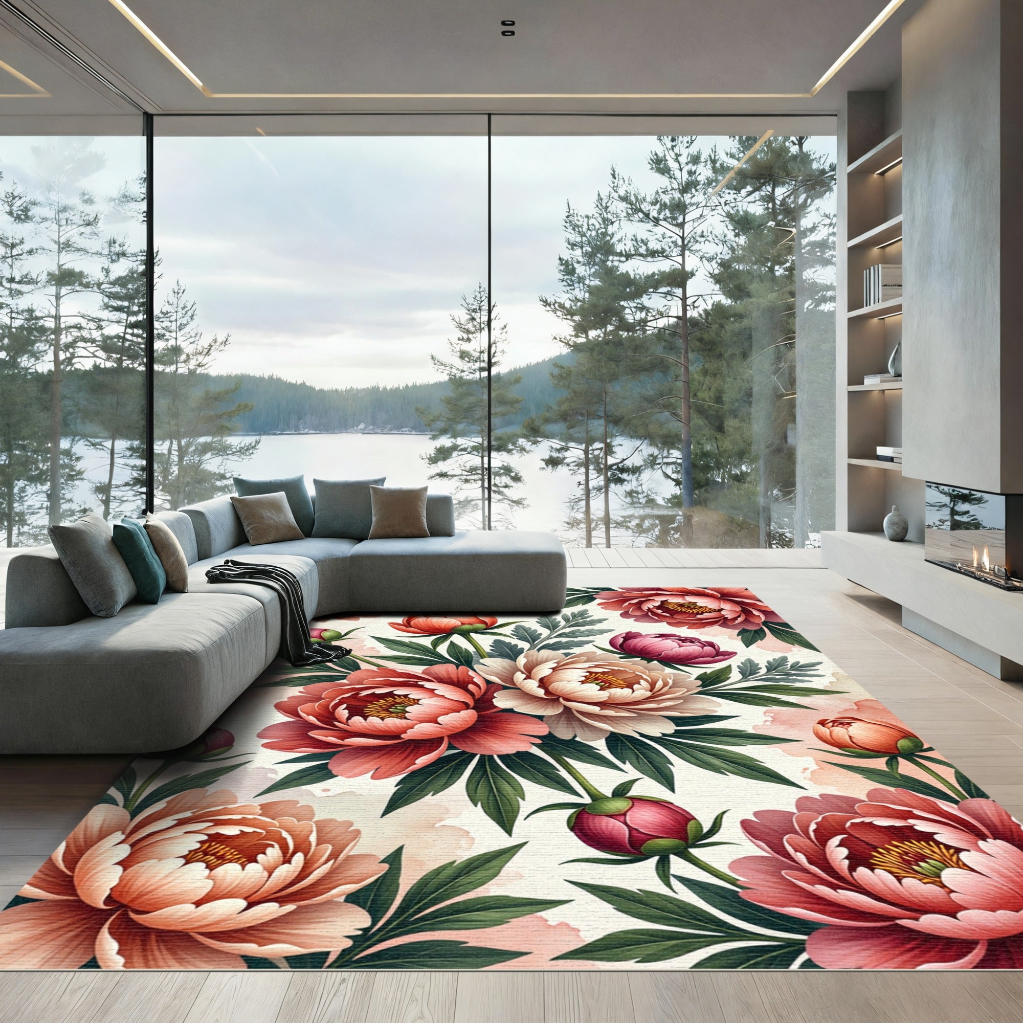 Coral Pink Peony Garden Ensemble Rug