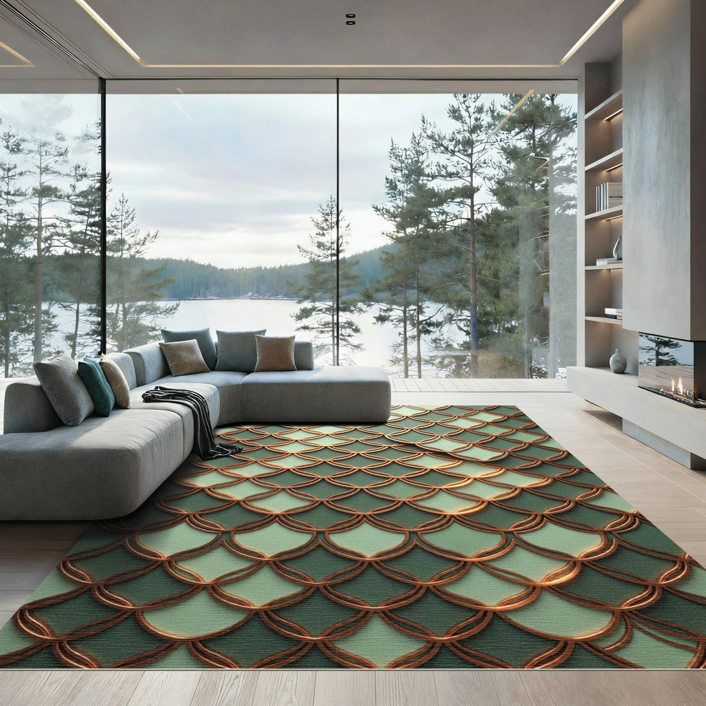 Metallic Copper Scallop Over Teal Waves Rug