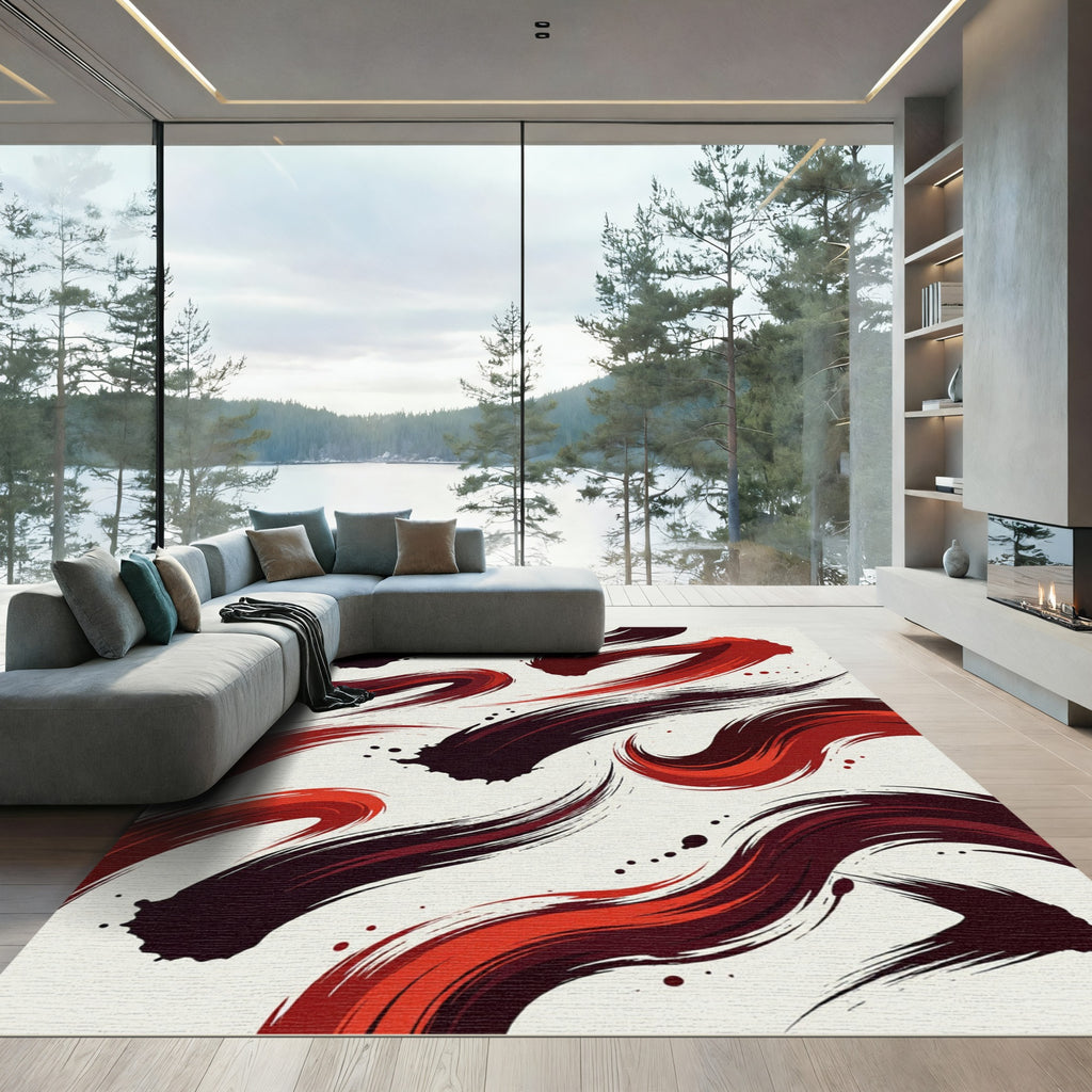 Bold Crimson Abstract Fluid Swirl Rug