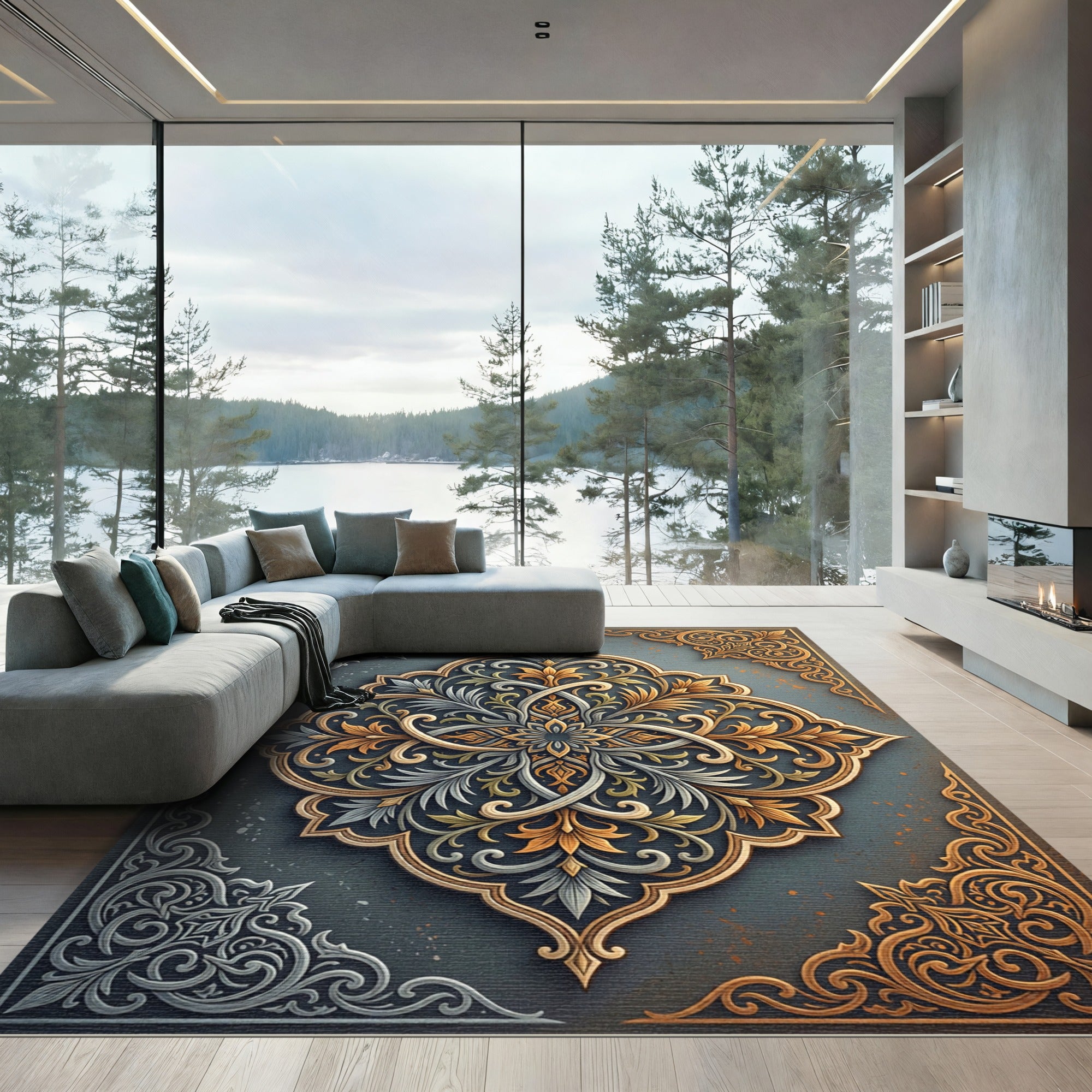 Elegant Gold Silver Filigree Medallion Rug