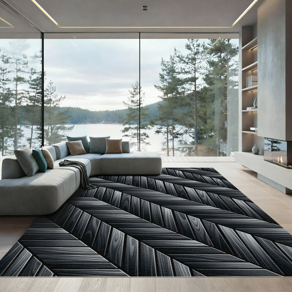 Modern Monochrome Herringbone Wood Grain Rug