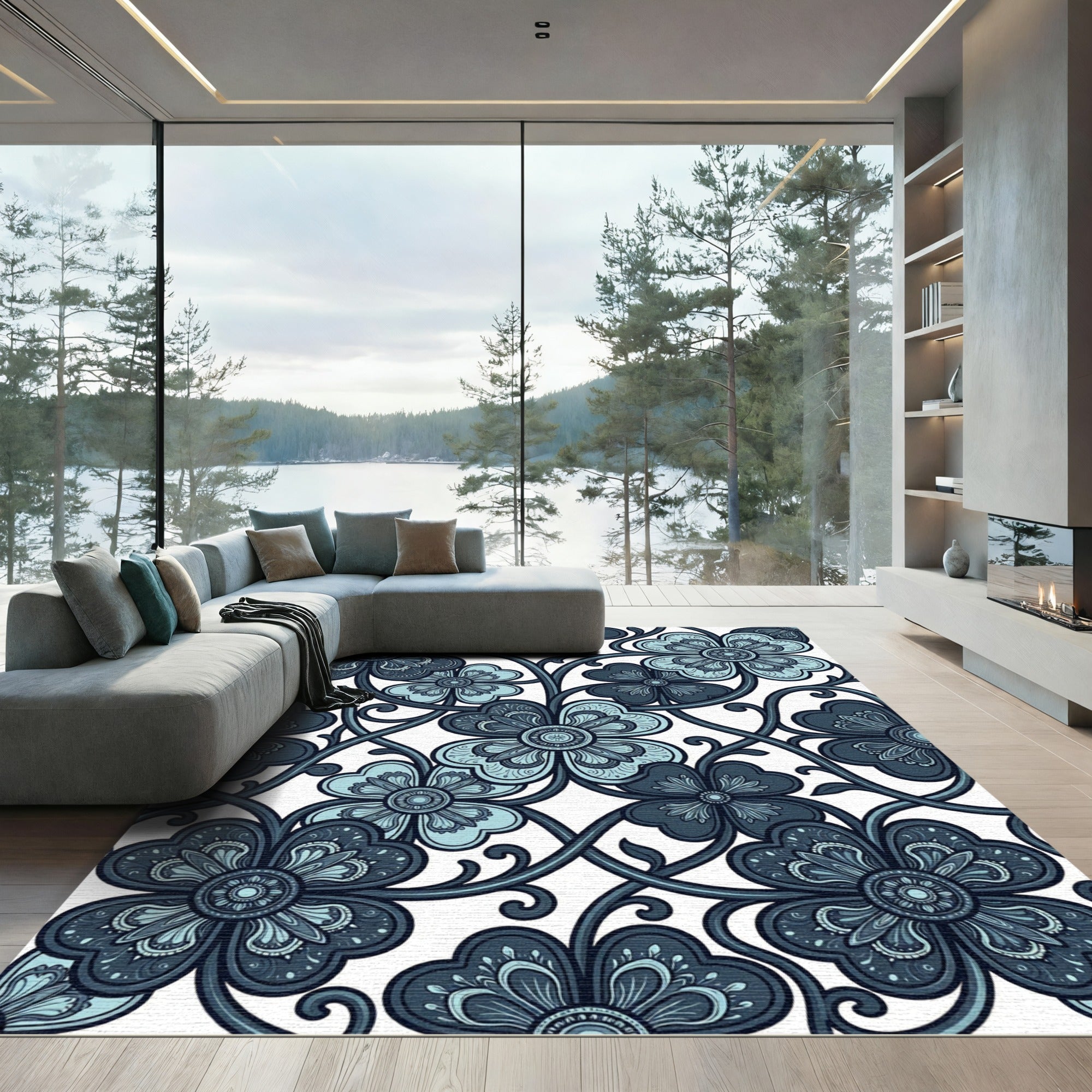 Midnight Blue Floral Swirl Botanical Rug