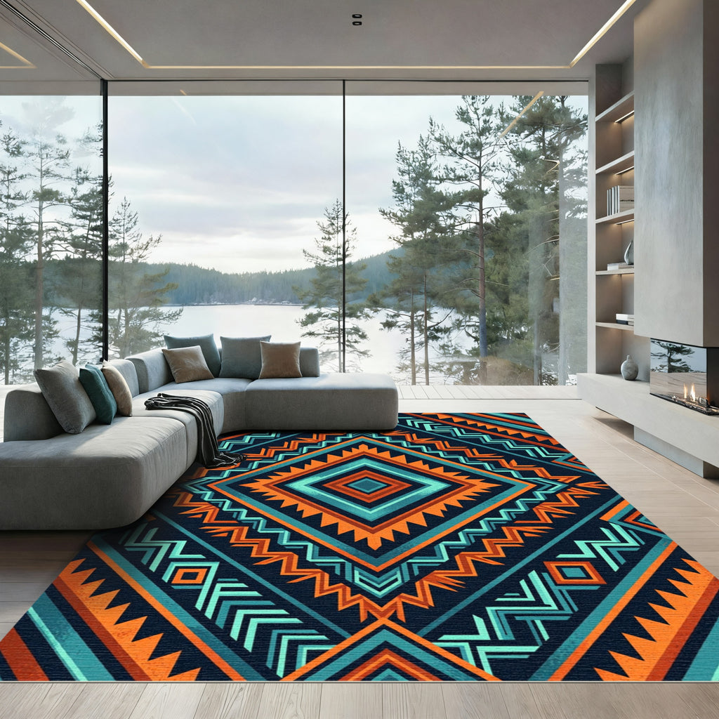 Bold Teal Orange Geometric Diamond Rug