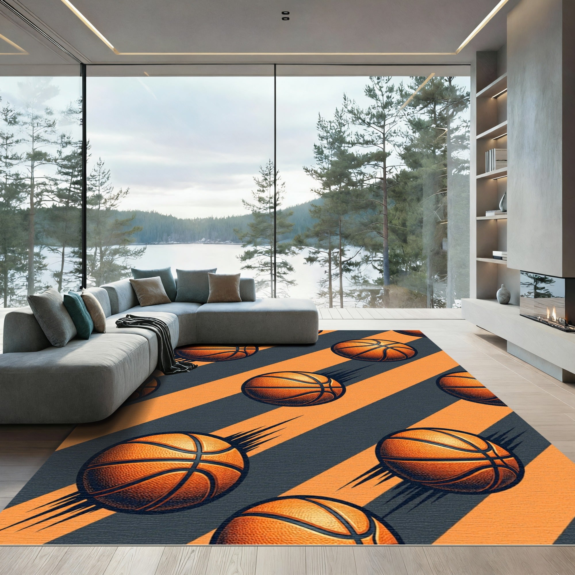 Dynamic Orange Basketball Slant Stripe Rug