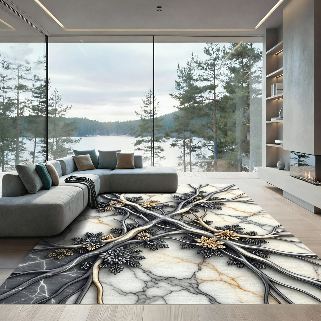 Modern Metallic Filigree Marble Floral Rug