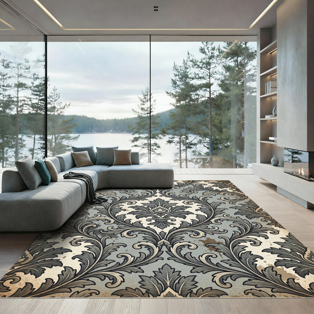 Elegant Damask Scroll Slate Gray Rug