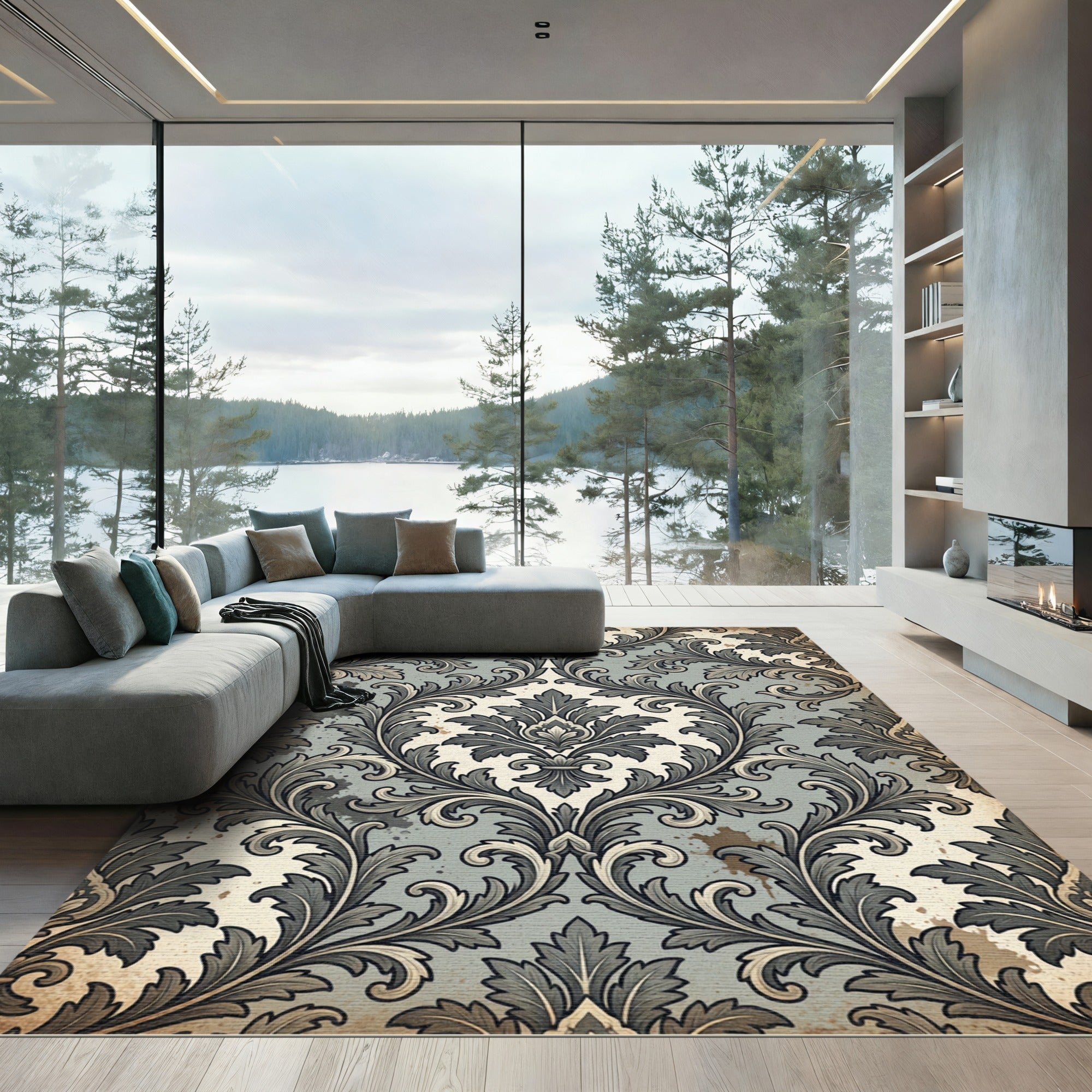 Elegant Damask Scroll Slate Gray Rug