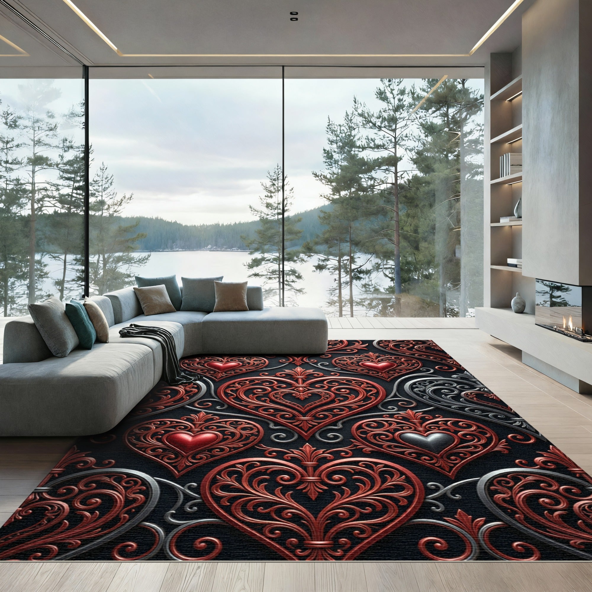 Ornate Red Heart Filigree Swirls Rug