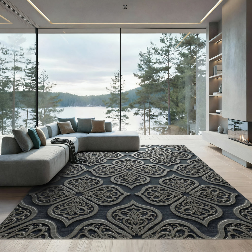 Silver Arabesque Tiled Pattern Rug