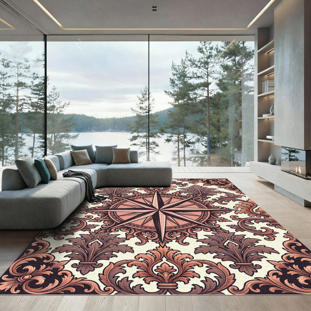 Coral And Brown Baroque Compass Rug