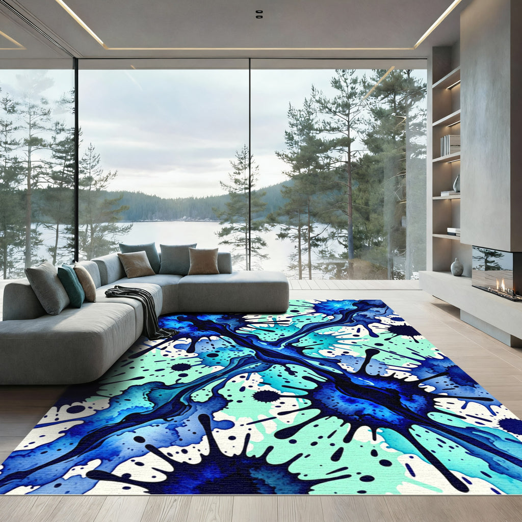Electric Blue Aqueous Ink Splash Rug