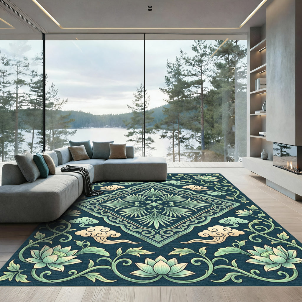 Elegant Jade Lotus Cloud Medallion Rug