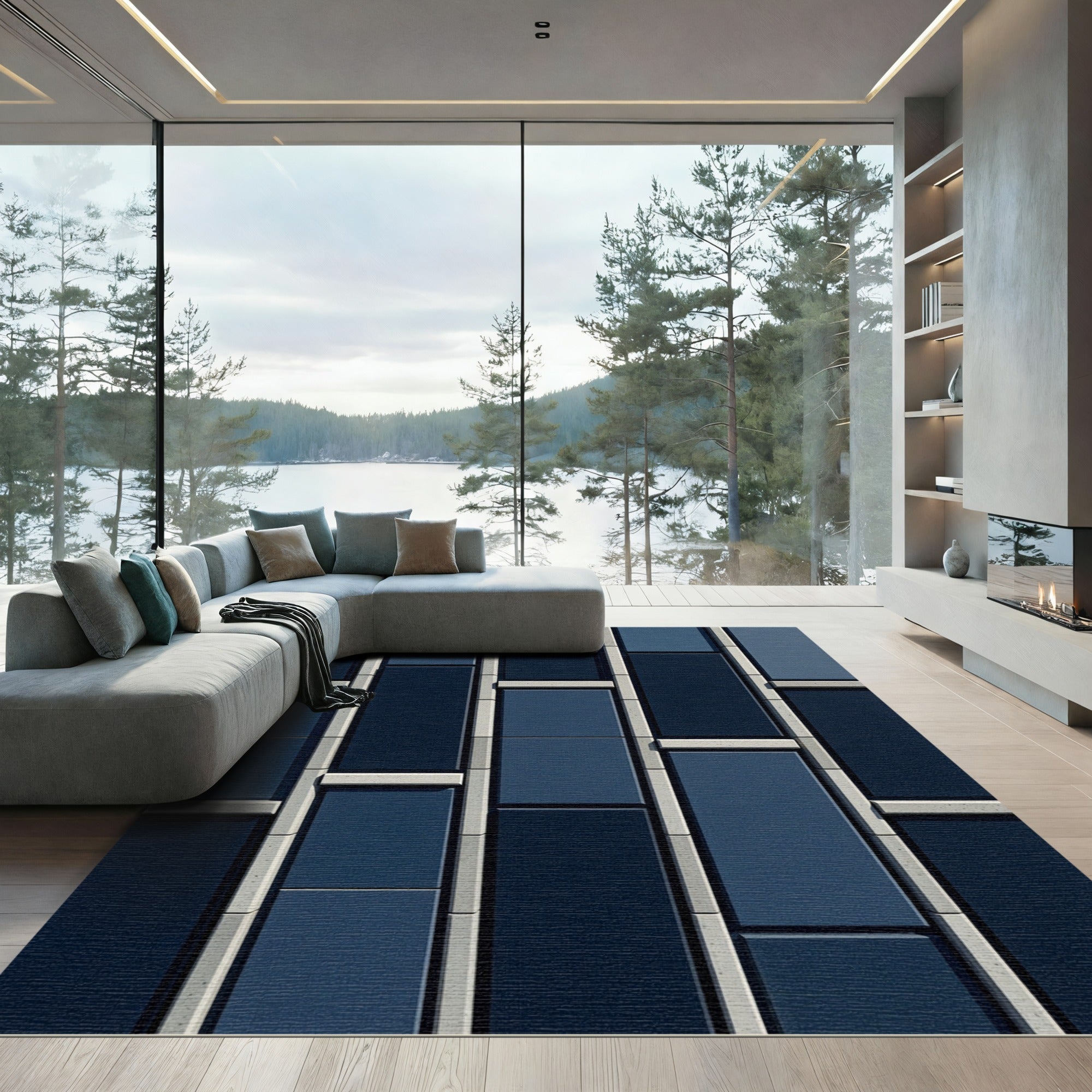 Deep Navy Rectangular Grid Rug