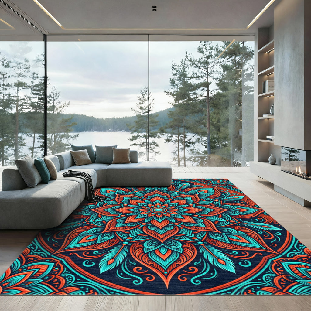 Vibrant Coral Teal Intricate Mandala Rug