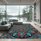 Vibrant Coral Teal Intricate Mandala Rug