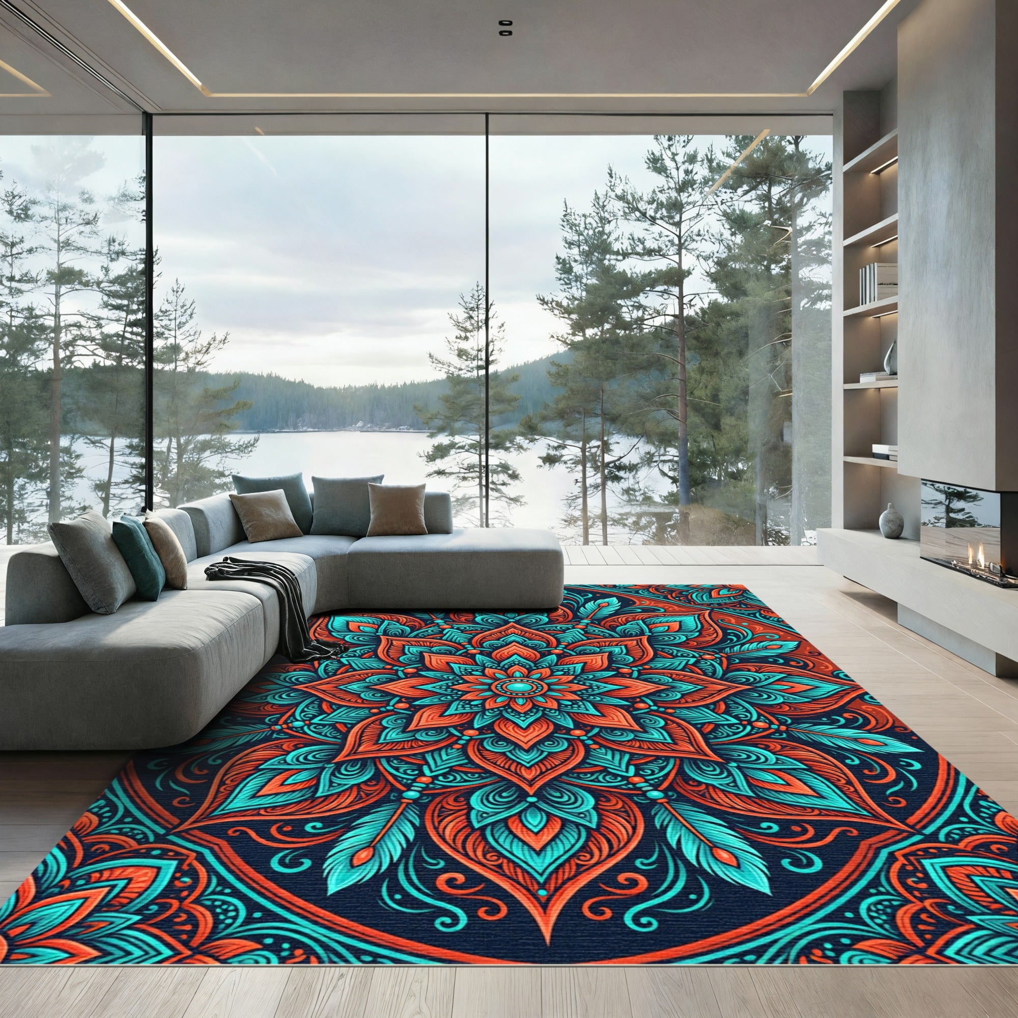 Vibrant Coral Teal Intricate Mandala Rug