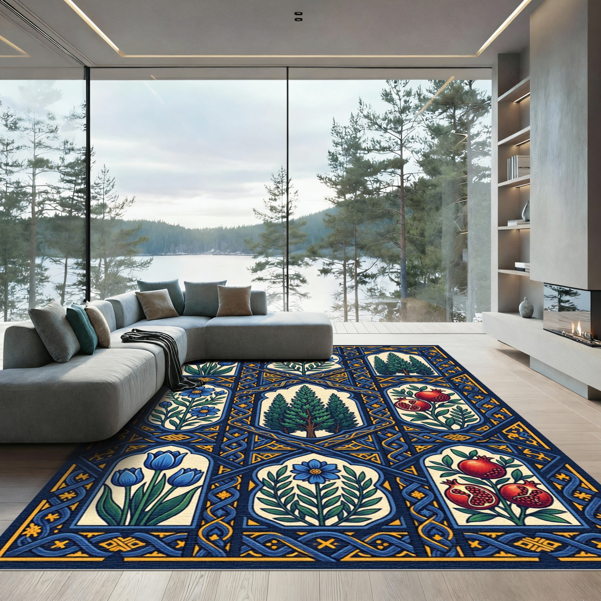 Royal Blue Floral Botanical Lattice Rug