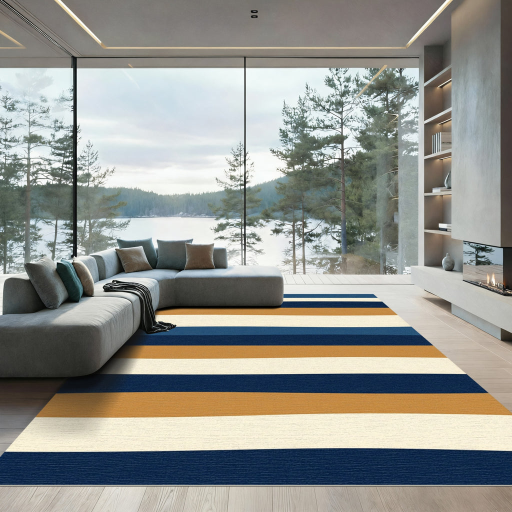 Modern Navy and Gold Horizontal Stripes Rug