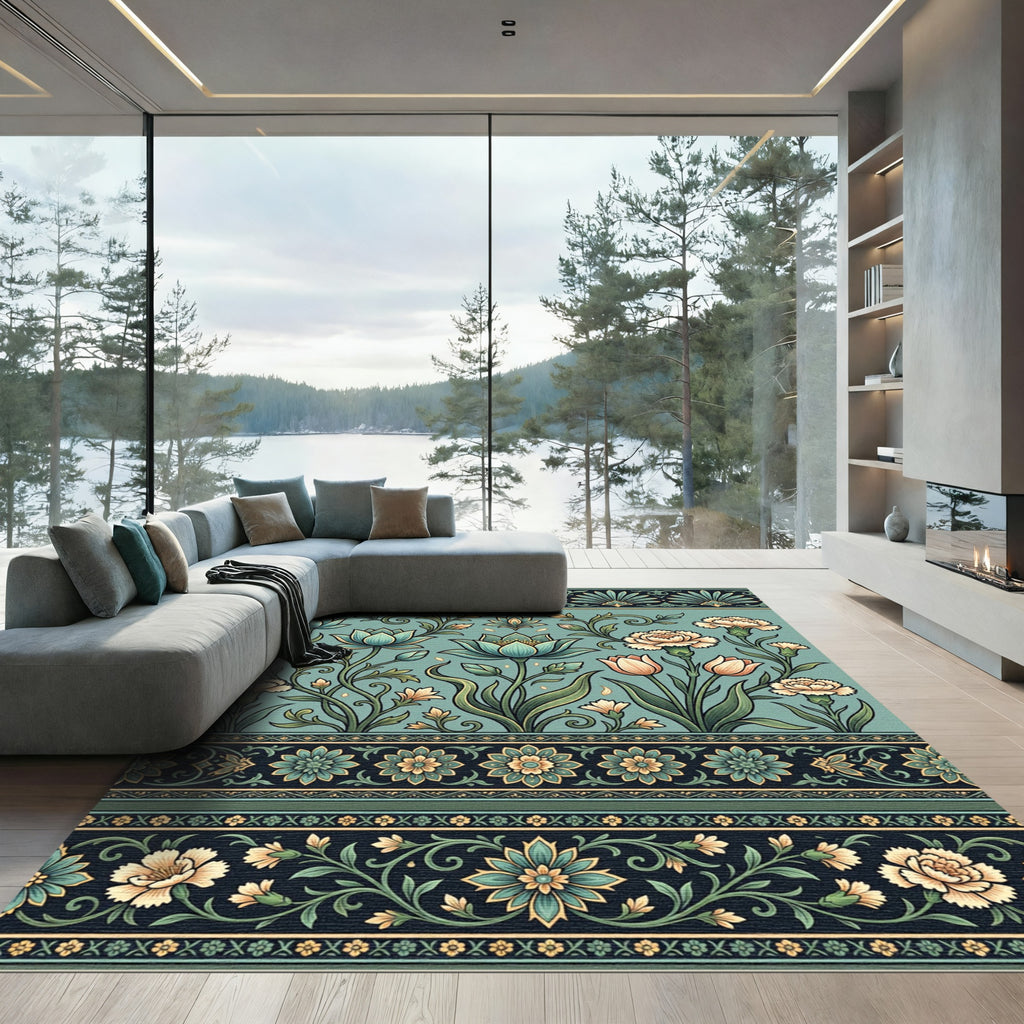 Teal Floral Scroll Botanical Accent Rug