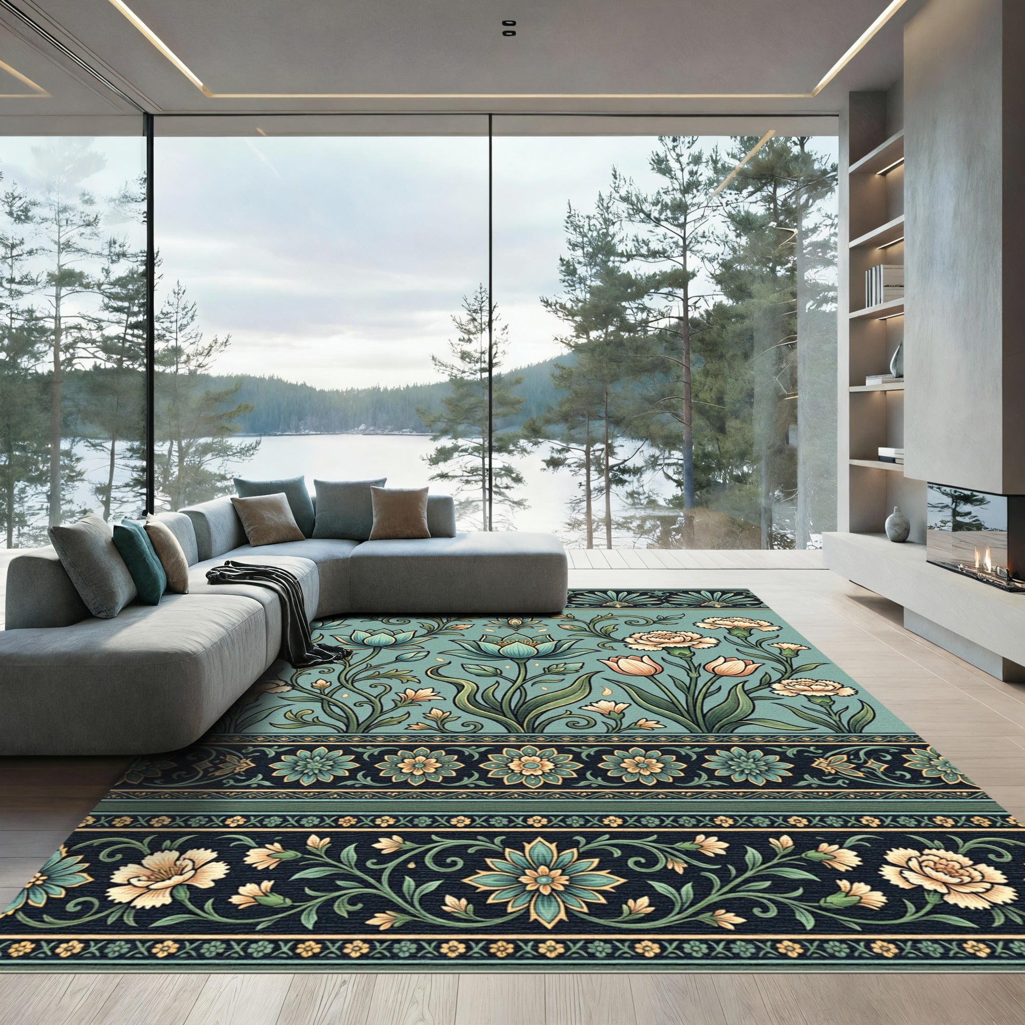 Teal Floral Scroll Botanical Accent Rug