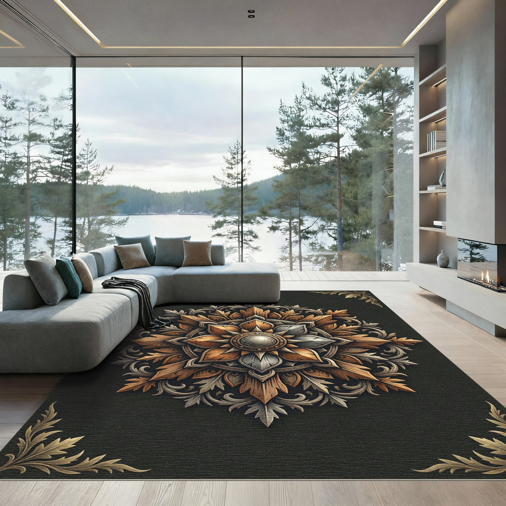 Ornate Bronze Metallic Iron Flower Medallion Rug